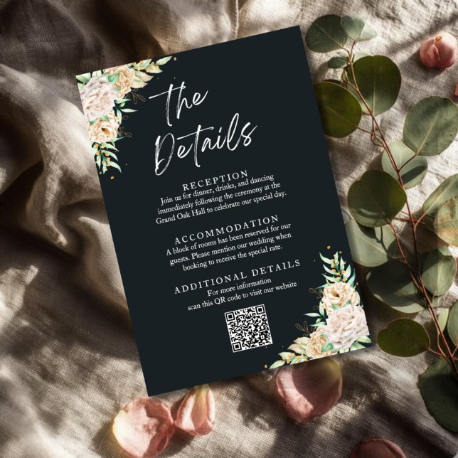 Tarjeta De Recepción  Floral Wedding Details Enclosure Card with QR Cod (Subido por el creador)