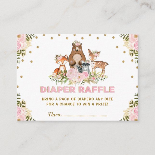 Tarjeta De Recepción Floral Woodland Diaper Raffle Chica Baby Shower (Anverso)
