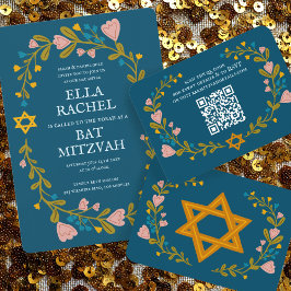 Tarjeta De Recepción Floral Wreath Bat Mitzvah Personalizado de mano QR