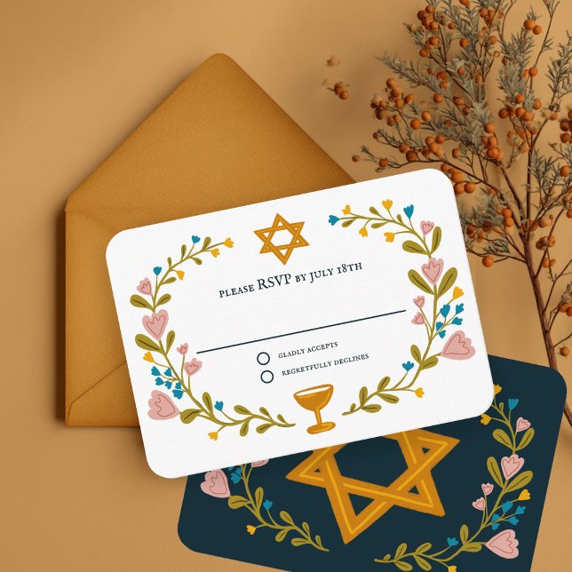 Tarjeta De Recepción Floral Wreath Bat Mitzvah Personalizado de mano RS (Floral Wreath Bat Mitzvah Hand-drawn Custom RSVP Enclosure Card
)