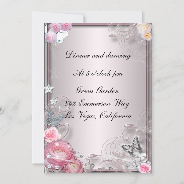Tarjeta De Recepción Floral Y Mariposa Rosa (Anverso)