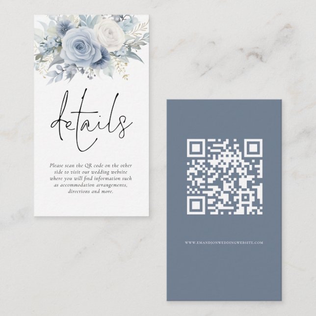 Tarjeta De Recepción Florales modernos Código QR Detalles del Boda azul (Anverso / Reverso)
