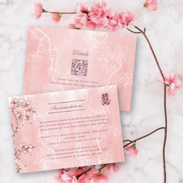 Tarjeta De Recepción Florecimiento de la sonda doble felicidad Boda chi (Pink Peach/Plum Blossoms Double Happiness Elegant Chinese Wedding Enclosure Card @ fatfatin_red_knot)