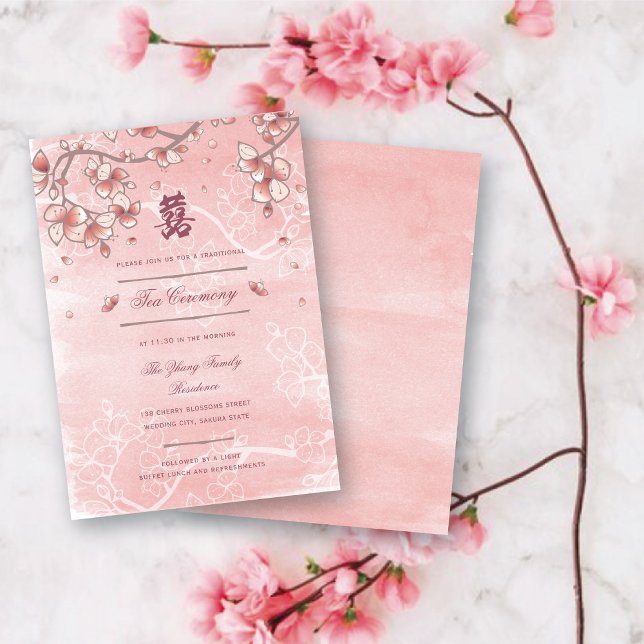 Tarjeta De Recepción Florecimiento de la sonda doble felicidad Boda chi (Pink Peach/Plum Blossoms Double Happiness Elegant Chinese Wedding Enclosure Card @ fatfatin_red_knot)