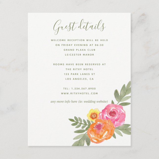 Tarjeta De Recepción Flores acuarelas de la boda de primavera Detalles  (Anverso)