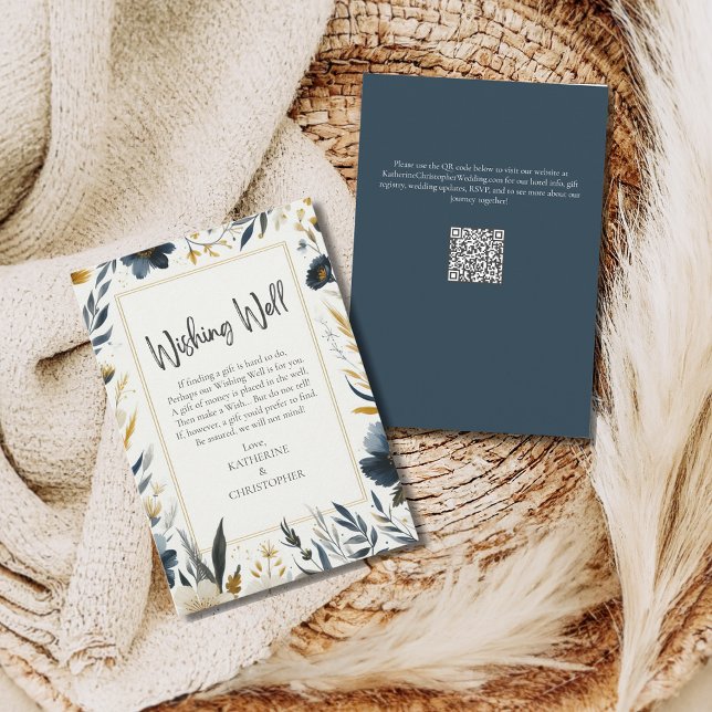 Tarjeta De Recepción Flores Amarillas Azules Elegante Boda Deseando Bie (Blue Yellow Wildflower Elegant Wishing Well Enclosure Card for guest to give cash in lieu of gifts.)