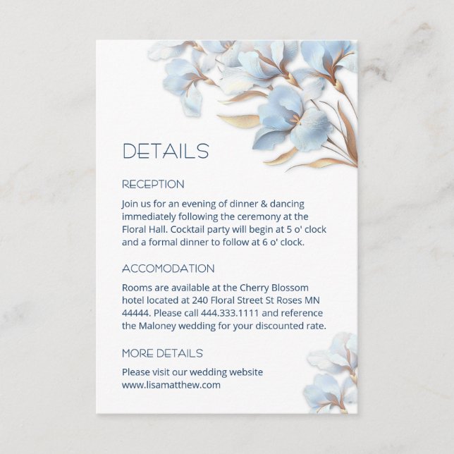 Tarjeta De Recepción Flores Artísticas de Oro Azul (Anverso)