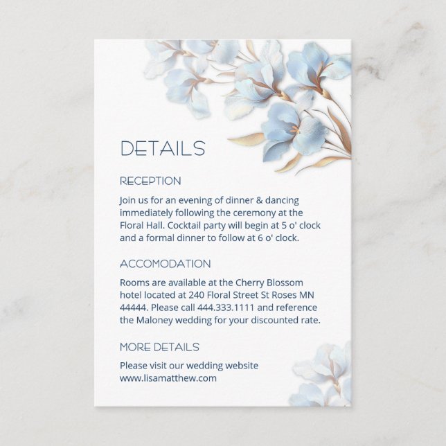 Tarjeta De Recepción Flores Artísticas de Oro Azul (Anverso)