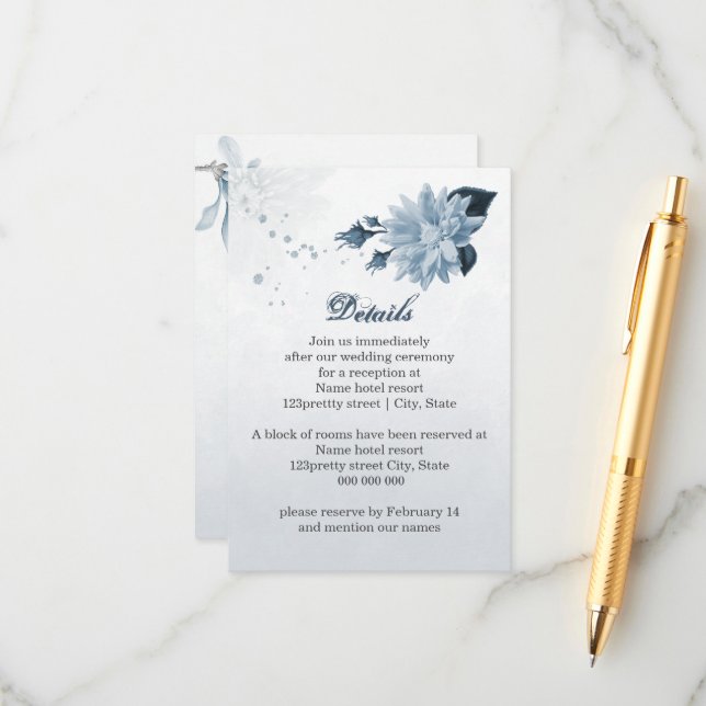 Tarjeta De Recepción flores azul grisáceo navy detalles botánicos (Anverso/Reverso In Situ)