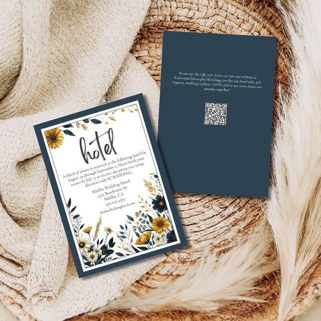Tarjeta De Recepción Flores azules amarillas Formales Elegantes Hotel W (Blue Yellow Formal Elegant Wedding Hotel Information Card with hotel details and reservation info.)