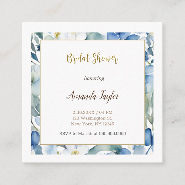 Tarjeta De Recepción Flores azules blancas ducha mínima de novia (Anverso)