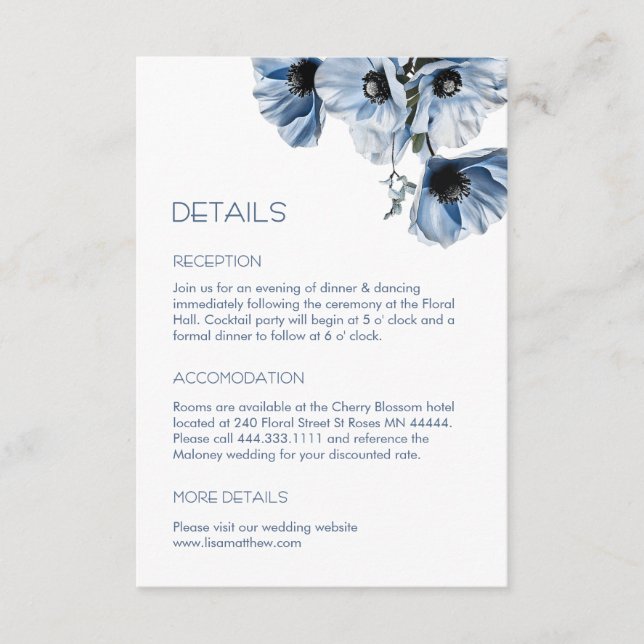 Tarjeta De Recepción Flores Azules Blancas Informales (Anverso)