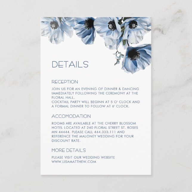 Tarjeta De Recepción Flores Azules Casuales Blancas (Anverso)