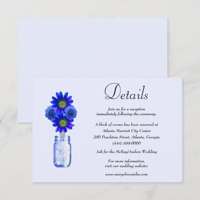 Tarjeta De Recepción Flores azules Detalles del Boda Mason Jar (Anverso / Reverso)
