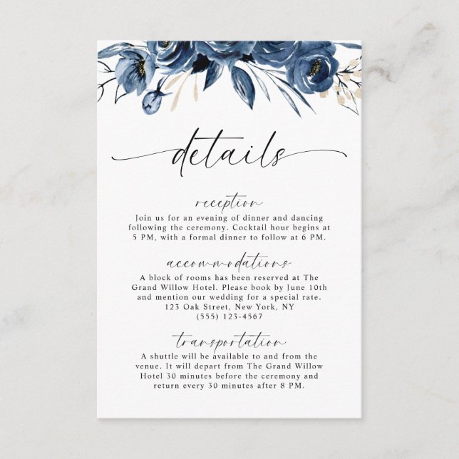Tarjeta De Recepción Flores Azules Marinos Bodas Caligrafía Código QR (Anverso)