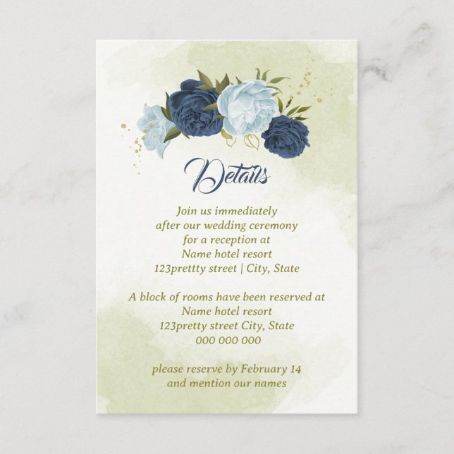 Tarjeta De Recepción flores azules polvorientas de la marina hojas verd (Anverso)