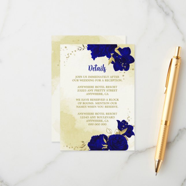 Tarjeta De Recepción Flores azules reales hojas de oro (Anverso/Reverso In Situ)