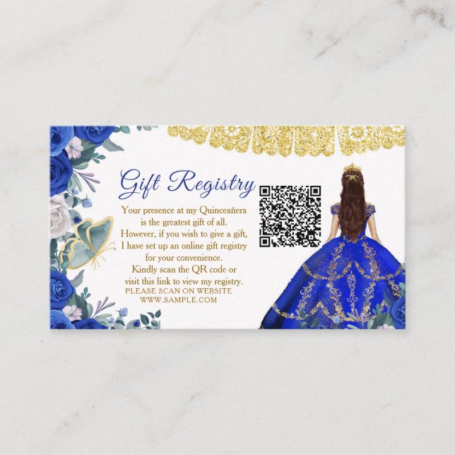 Tarjeta De Recepción Flores azules reales Registro de regalos Quinceañe (Anverso)