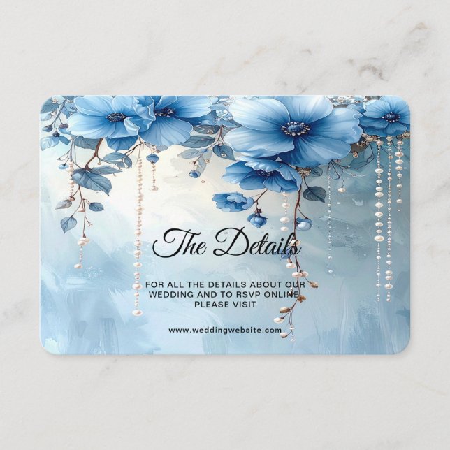 Tarjeta De Recepción Flores Azules y Detalle de Perlas (Anverso)