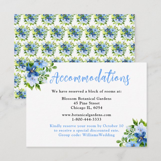 Tarjeta De Recepción Flores azules y navy con follaje  (Anverso / Reverso)