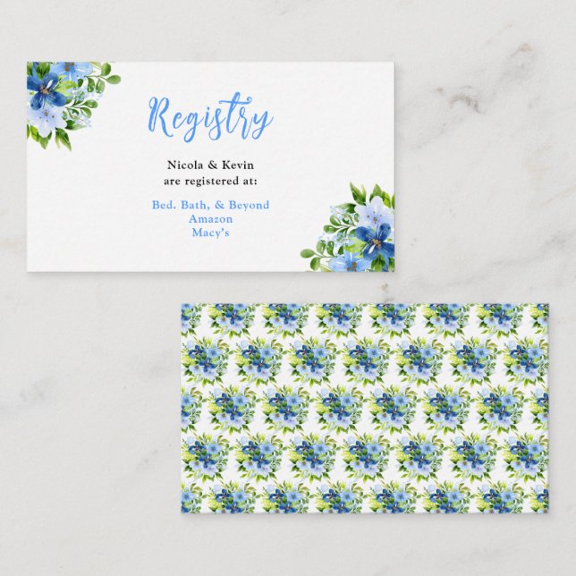 Tarjeta De Recepción Flores azules y navy con follaje  (Anverso / Reverso)