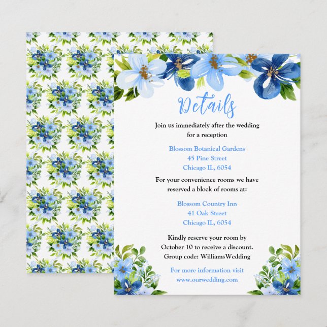 Tarjeta De Recepción Flores azules y navy con follaje  (Anverso / Reverso)