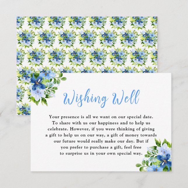 Tarjeta De Recepción Flores azules y navy con follaje  (Anverso / Reverso)