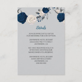 Tarjeta De Recepción flores blancas azul marino hojas de plata detalles