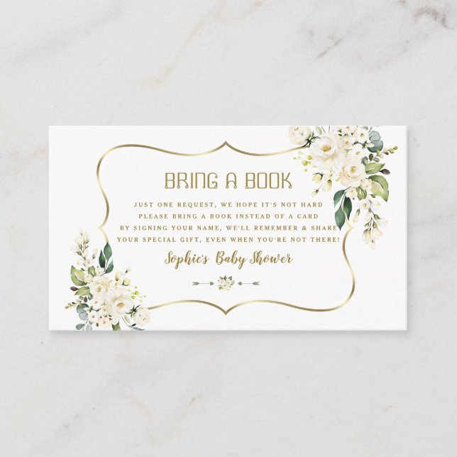 Tarjeta De Recepción Flores blancas de oro Baby Shower trae un libro (Anverso)