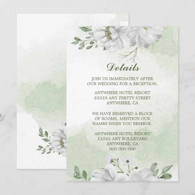 Tarjeta De Recepción flores blancas detalles de vegetación (Anverso / Reverso)