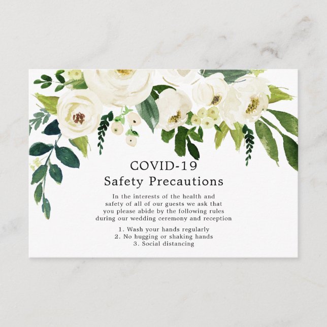 Tarjeta De Recepción Flores blancas Elegante Boda COVID-19 Seguridad (Anverso)