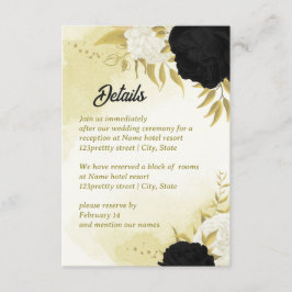 Tarjeta De Recepción flores blancas negras hojas de oro
