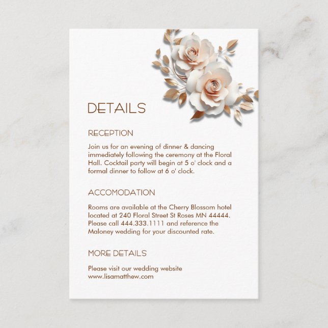Tarjeta De Recepción Flores blancas rosadas en 3D blancas  (Anverso)