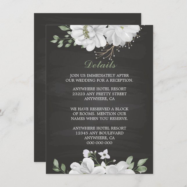 Tarjeta De Recepción flores blancas verdes detalles negros (Anverso / Reverso)