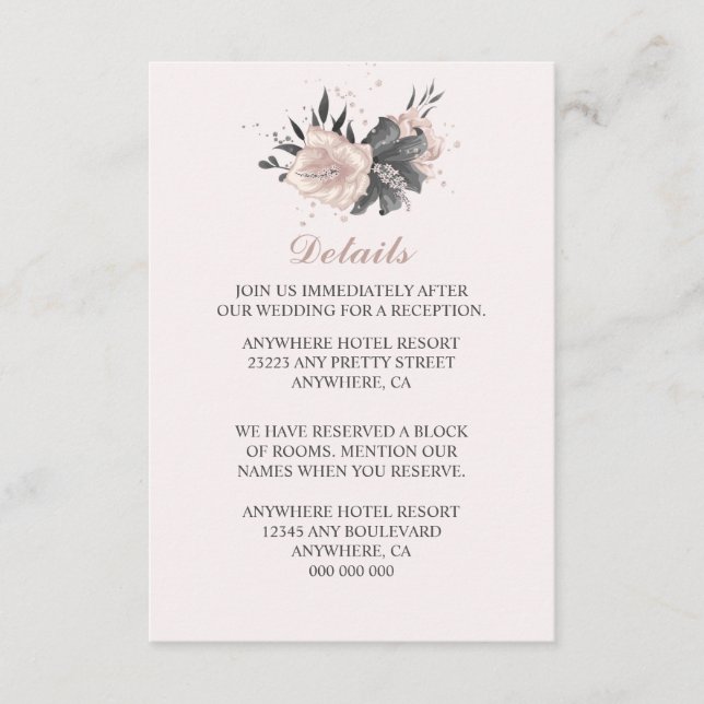 Tarjeta De Recepción Flores, bucles y pétalos rosados polvorientos (Anverso)