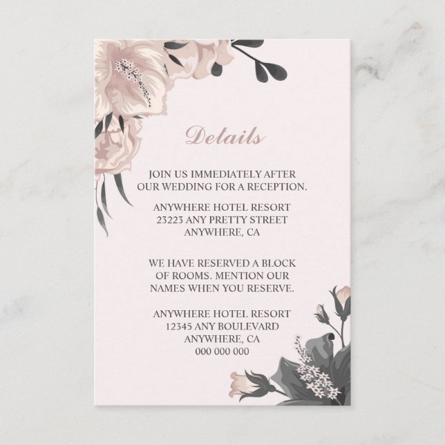 Tarjeta De Recepción Flores, bucles y pétalos rosados polvorientos (Anverso)