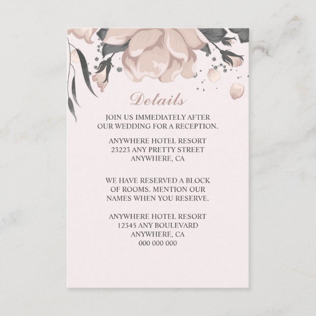 Tarjeta De Recepción Flores, bucles y pétalos rosados polvorientos (Anverso)