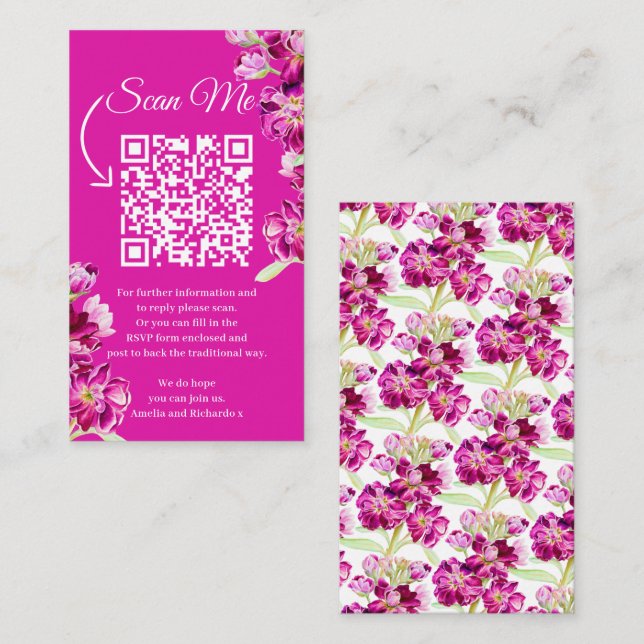 Tarjeta De Recepción Flores bursátiles boda rosa oscuro Código QR escan (Anverso / Reverso)