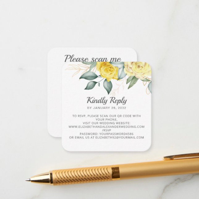 Tarjeta De Recepción Flores de acuarela amarillo romántico código QR RS (Anverso/Reverso In Situ)