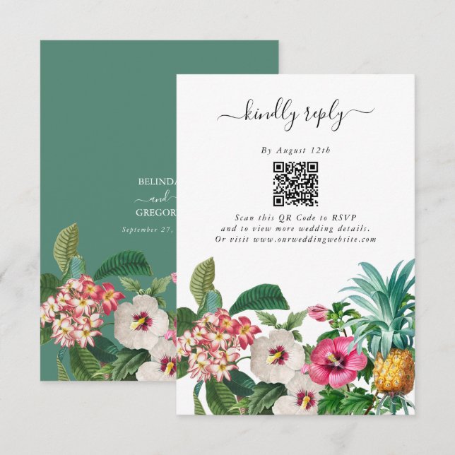 Tarjeta De Recepción Flores de acuarela tropical y Boda de vegetación (Anverso / Reverso)
