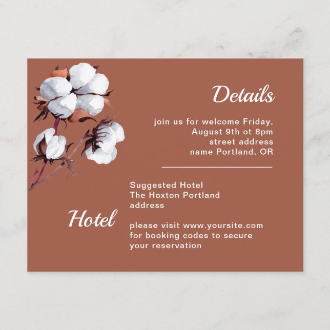 Tarjeta De Recepción Flores de algodón blanco Detalles del boda marrón  (Anverso)