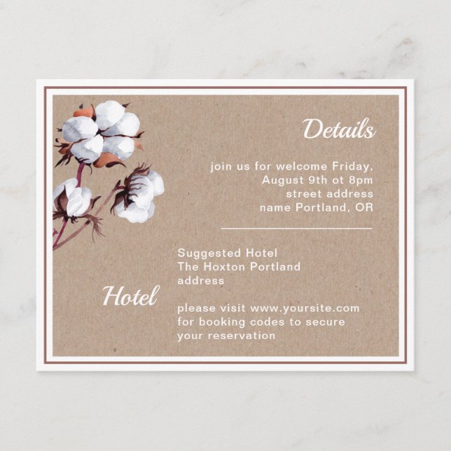 Tarjeta De Recepción Flores de algodón blanco Detalles del boda moderno (Anverso)