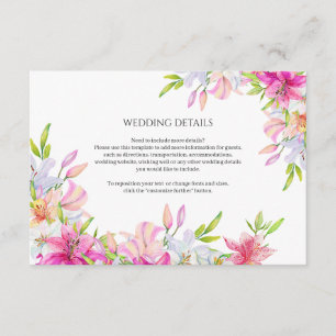 Tarjeta De Recepción Flores de bodas, lirios y pájaros acuarela