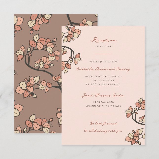 Tarjeta De Recepción Flores de Cerezo Rosa/Elegante Fiesta de Compromis (Anverso / Reverso)