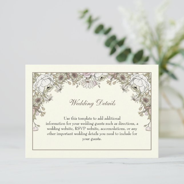 Tarjeta De Recepción Flores de dibujo boda romántico de marfil (Anverso de pie)