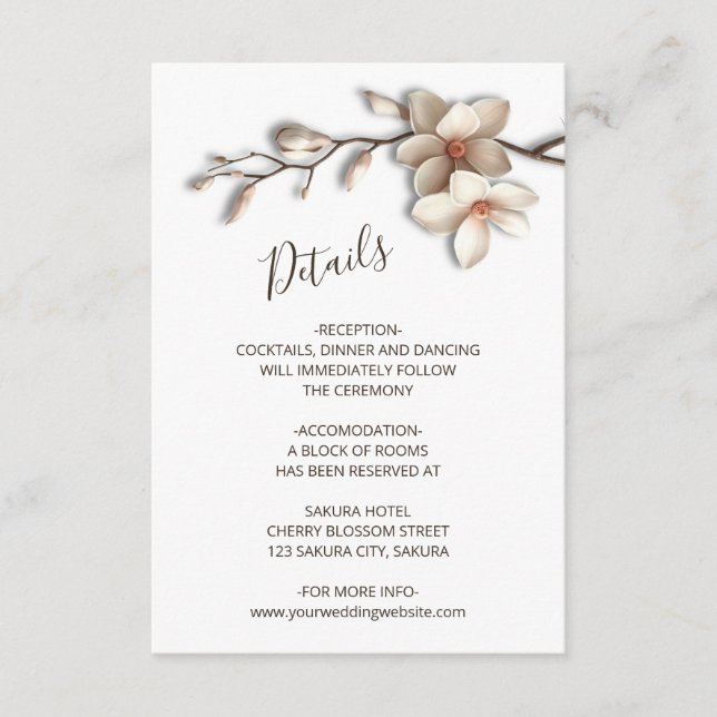 Tarjeta De Recepción Flores de magnolia 3D con detalles blancos (Anverso)