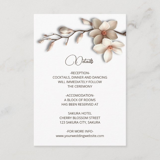 Tarjeta De Recepción Flores de Magnolia 3D con Detalles Blancos (Anverso)