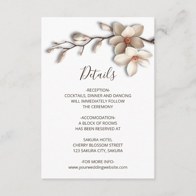 Tarjeta De Recepción Flores de magnolia 3D con detalles blancos (Anverso)