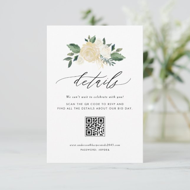 Tarjeta De Recepción Flores de marfil y vegetación Detalles del Boda de (Anverso de pie)