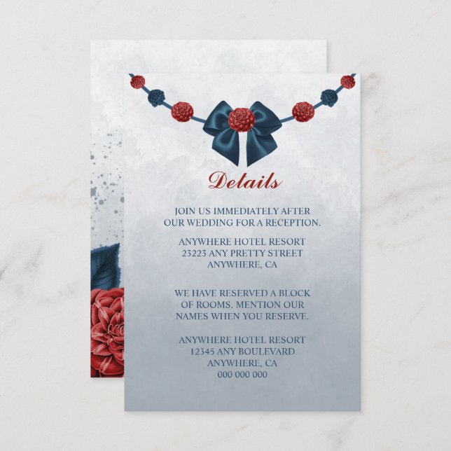 Tarjeta De Recepción flores de marina y borgoña hermosos detalles de ar (Anverso / Reverso)